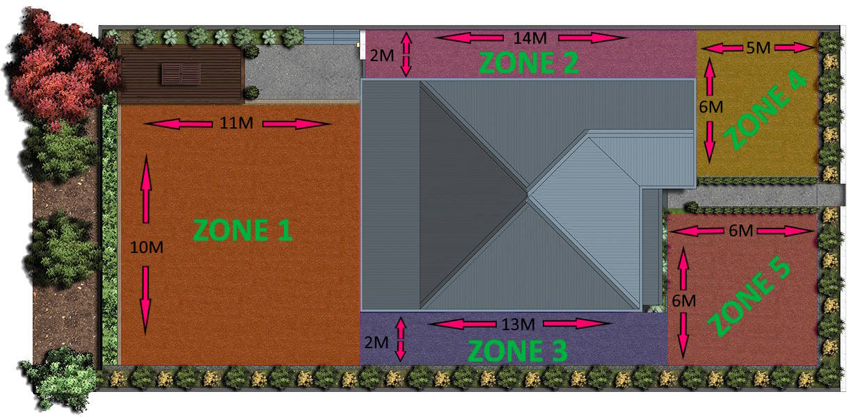 Aerial view of house and yard with measurements.